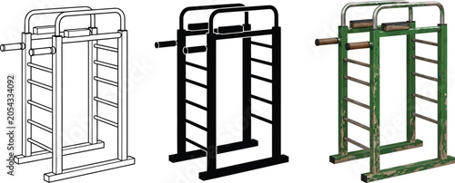 Foto Set of parallel bars and dip station vector illustrations in outline silhouette