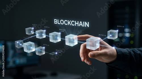 Blockchain Technology Concept with Hand Touching Holographic Ledger Blocks