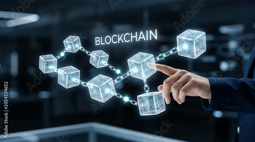 Blockchain Technology Concept with Hand Touching Holographic Ledger Blocks