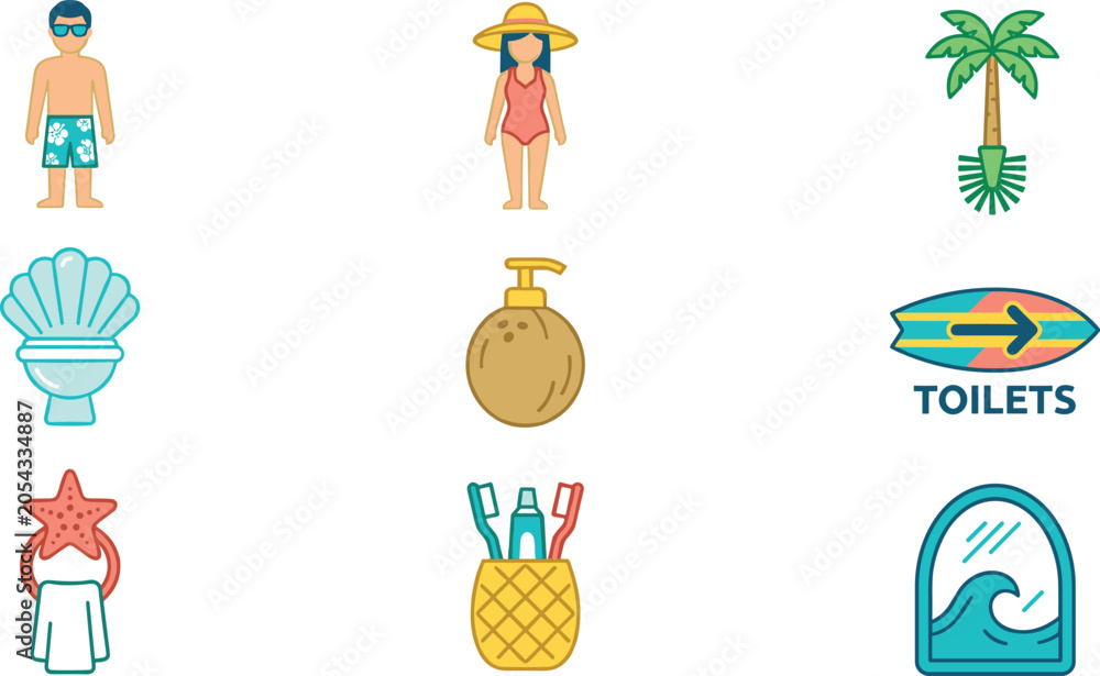 Naklejka premium Tropical Beach Themed Restroom and Bathroom Icon Set with Palm Tree Brush Coconut Soap Dispenser and Surfboard Sign for Summer Resort Graphic Designs