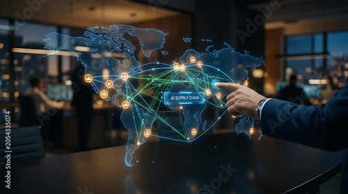 AI Supply Chain Technology with Hand and Global Logistics Map Hologram