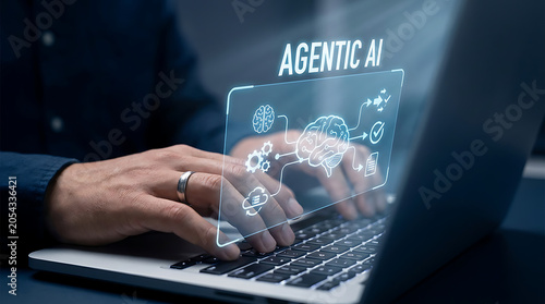 Agentic AI Technology Concept with Human Hand and Holographic Interface