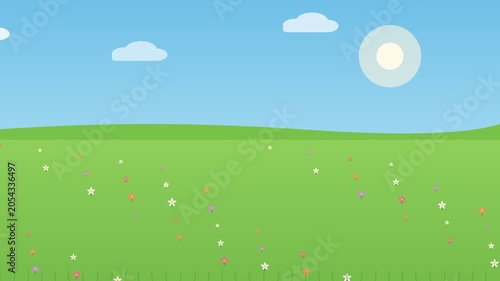 A serene flat design video of a green field with flowers under a sunny blue sky