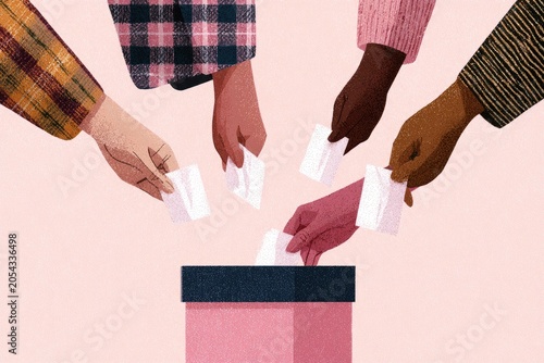 Diverse hands cast ballots into a communal ballot box, symbolizing collective decision