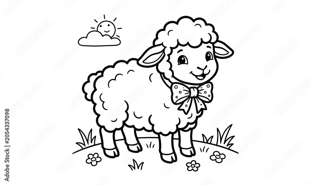 Obraz premium Adorable sheep coloring page for kids with bow and sunny sky