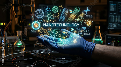Nanotechnology Concept with Hand and Molecular Structure Hologram
