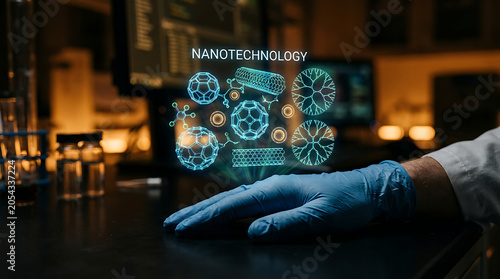 Nanotechnology Concept with Hand and Molecular Structure Hologram