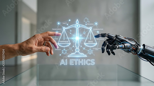 AI Ethics Concept with Human and Robotic Hand on Balance Scale Hologram