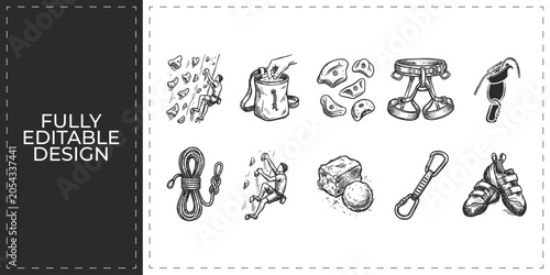 Mountain climbing and rock climbing gear hand drawn doodle icons set featuring rope backpack and carabiner for adventure tourism and sport hobby design