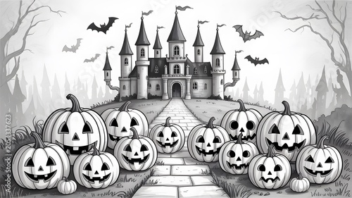 Spooky halloween pumpkins in front of a haunted castle with flying bats