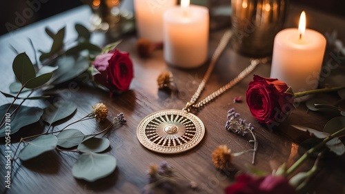 Golden roulette wheel pendant necklace with red roses and lit candles on a dark table