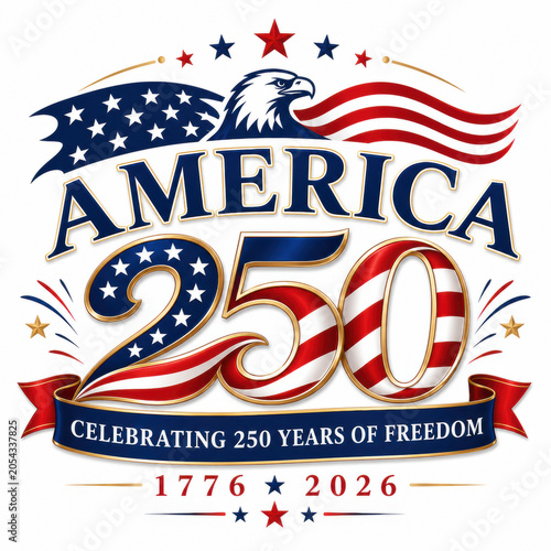 America 250 anniversary logo with eagle, waving flag and fireworks celebrating 250 years of freedom 1776 to 2026
