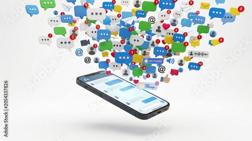 Smartphone receiving many notifications and messages in a chaotic stream of icons