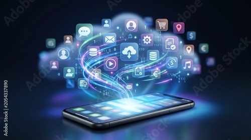 Smartphone displaying digital cloud services and app icons with glowing data streams