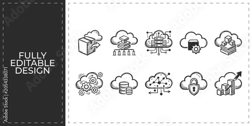 Foto Cloud computing and data synchronization hand drawn doodle icons set featuring d