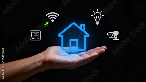 Hand holding smart home icons