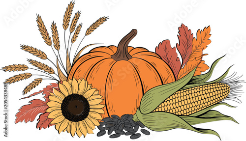 Bild auf Leinwand Autumn harvest illustration with pumpkin sunflower wheat and corn stalks for Tha