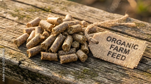 Organic Farm Animal Feed Pellets on Rustic Wooden Table