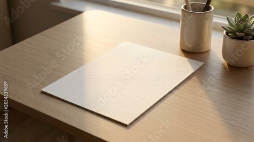 Blank White Paper Mockup on Modern Wooden Desk