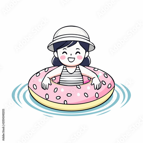 Cute Girl Swimming with Donut Float