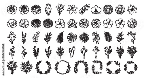 Minimalist floral line art collection, 55 hand drawn botanical icons and wreaths, black ink flower sketches for wedding stationery and branding