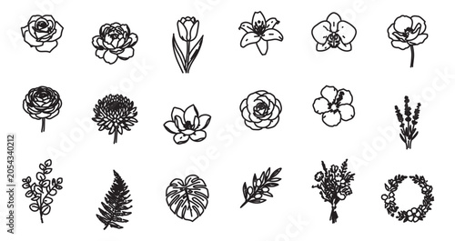 Minimalist floral line art icons, set of 18 black and white botanical vector illustrations, elegant hand drawn flower and leaf sketches for wedding branding