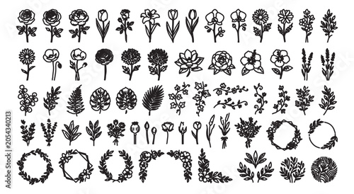 Hand drawn botanical line art collection, set of 60 floral vector icons and wreaths, black ink wildflower sketches for wedding invitations