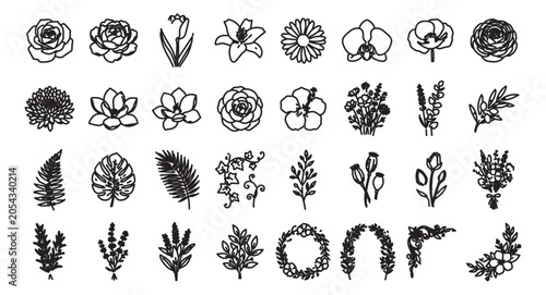 Minimalist floral line art icons, set of 32 botanical vector illustrations, black hand drawn flower and leaf sketches for wedding stationery and branding