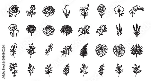 Minimalist floral line art icons, set of 32 botanical vector illustrations, black hand drawn flower and leaf sketches for wedding branding and logo design