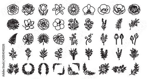Minimalist floral line art icons, set of 45 botanical vector illustrations, black hand drawn flower sketches and leaf elements for wedding branding