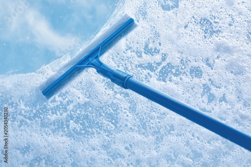 Blue squeegee sweeps across bubbly, sudsy surface