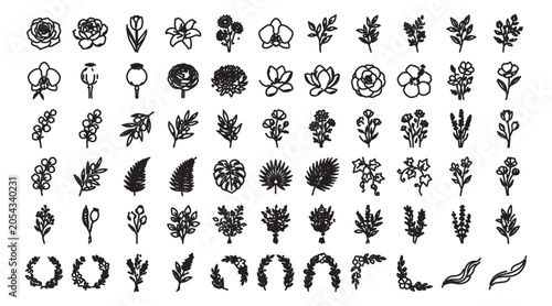 Hand drawn botanical line art icons, set of 60 black floral sketches and leaf illustrations, minimalist garden flower vector elements for wedding branding