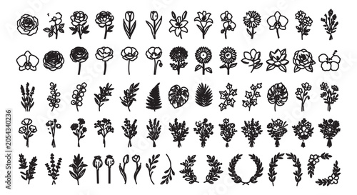 Minimalist hand drawn floral icons, set of 65 botanical line art illustrations, black ink flower and leaf sketches for wedding branding and logo design