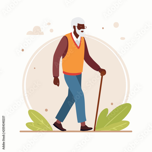 Elderly Man Walking with Cane