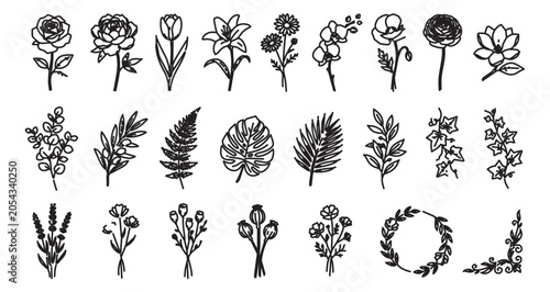 Minimalist hand drawn botanical line art, 25 floral elements and leaf vector set, black ink wildflower sketches for wedding invitations and branding