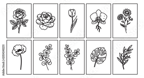 Minimalist botanical line art collection, set of 10 floral vector icons, black and white wildflower sketches for wedding invitations and wall decor