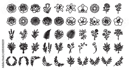 Minimalist floral line art icons, set of 50 botanical vector illustrations, black hand drawn flower sketches and leaf branches for wedding stationery