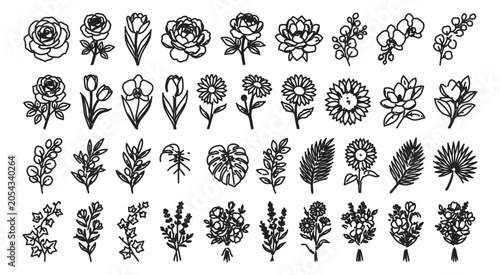 Minimalist floral line art collection, 36 black botanical vector icons, hand drawn flower and leaf sketches for wedding invitations and branding