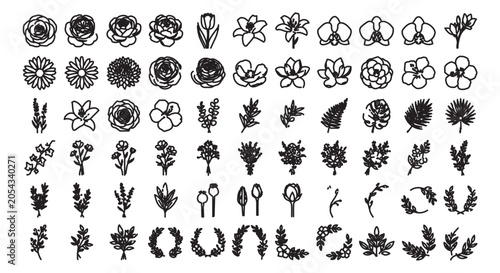 Minimalist hand drawn flower icons, set of 60 black line art floral sketches, botanical vector elements for wedding stationery and logo design