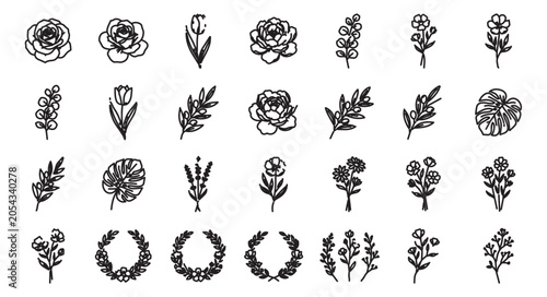 Hand drawn floral line art set, 28 black ink botanical icons and wreaths, minimalist flower sketches and leaf illustrations for wedding stationery