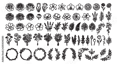 Hand drawn floral line art collection, 60 black ink flower icons and botanical wreaths, minimalist garden plant vector illustrations for wedding stationery