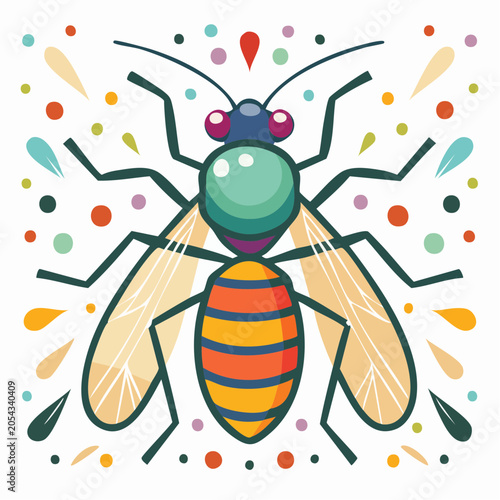 Stylized Fly Illustration with Colorful Splatters