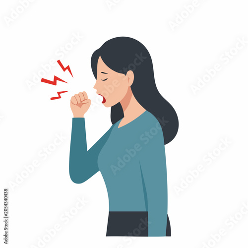 Woman coughing with red lightning symbols indicating illness