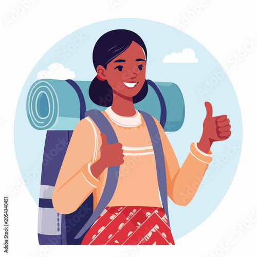 Woman with Backpack Giving Thumbs Up