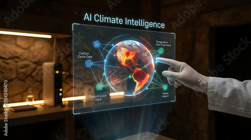 AI Climate Intelligence Technology with Hand and Climate Model Hologram