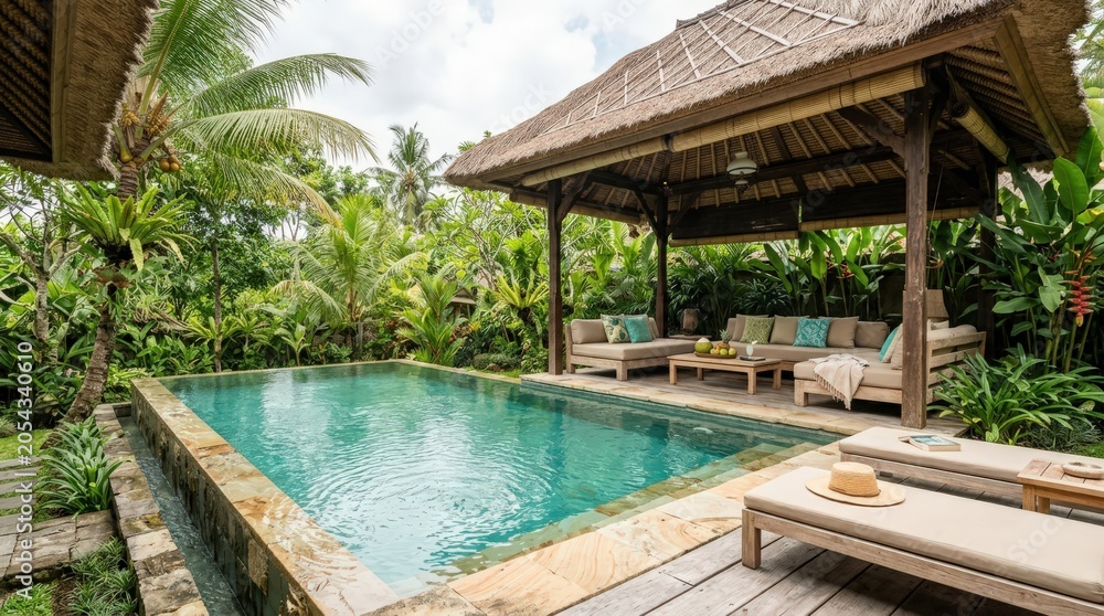 Obraz premium Luxury tropical private pool retreat with woven roof and lush garden surroundings in a cinematic widescreen view for high end travel lifestyle advertisements and serene vacation resort marketing.