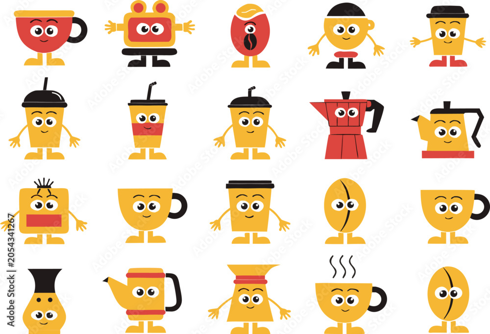 Obraz premium Cute coffee cup and drink character icons set isolated on transparent background, Vector