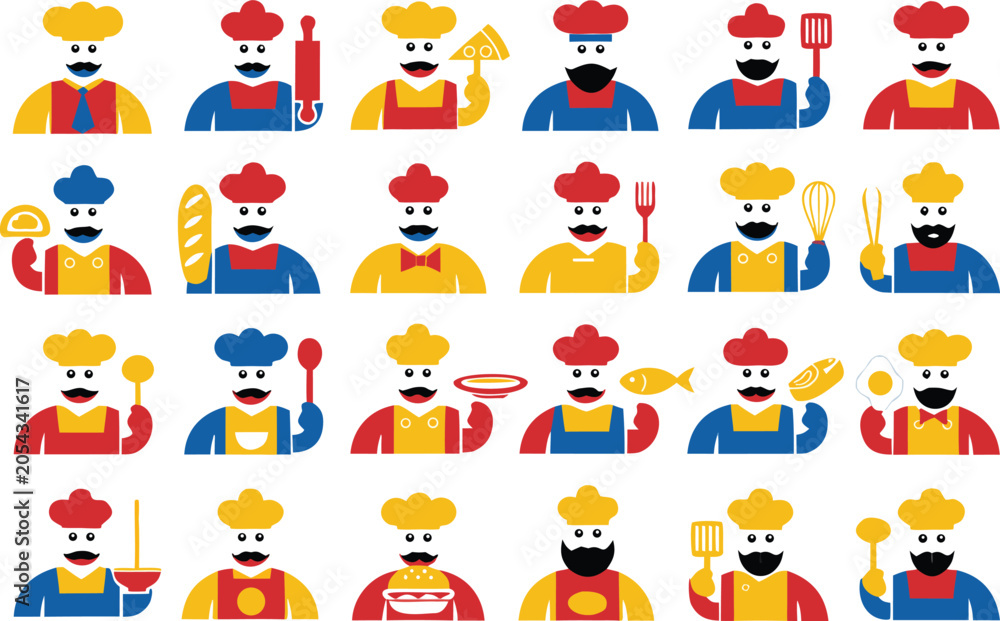 Obraz premium Set of colorful flat chef icons with kitchen tools isolated on transparent background, Vector