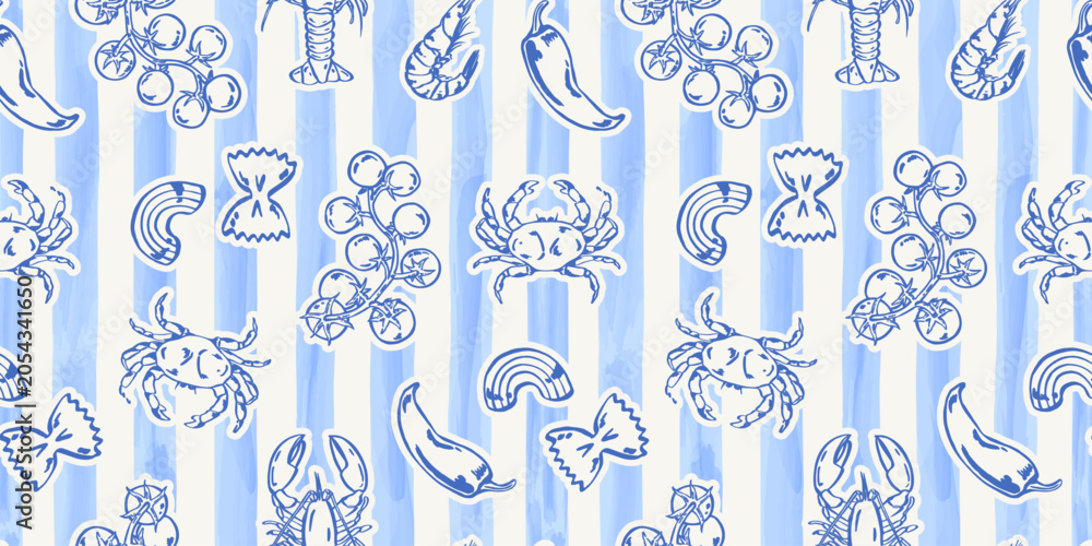 Obraz premium Mediterranean watercolor pattern with pale blue vertical stripes, blue line drawings of grapes, fish, shells, pasta shapes, leaves, flowers, and small food motifs, for wrapping paper and stationery.
