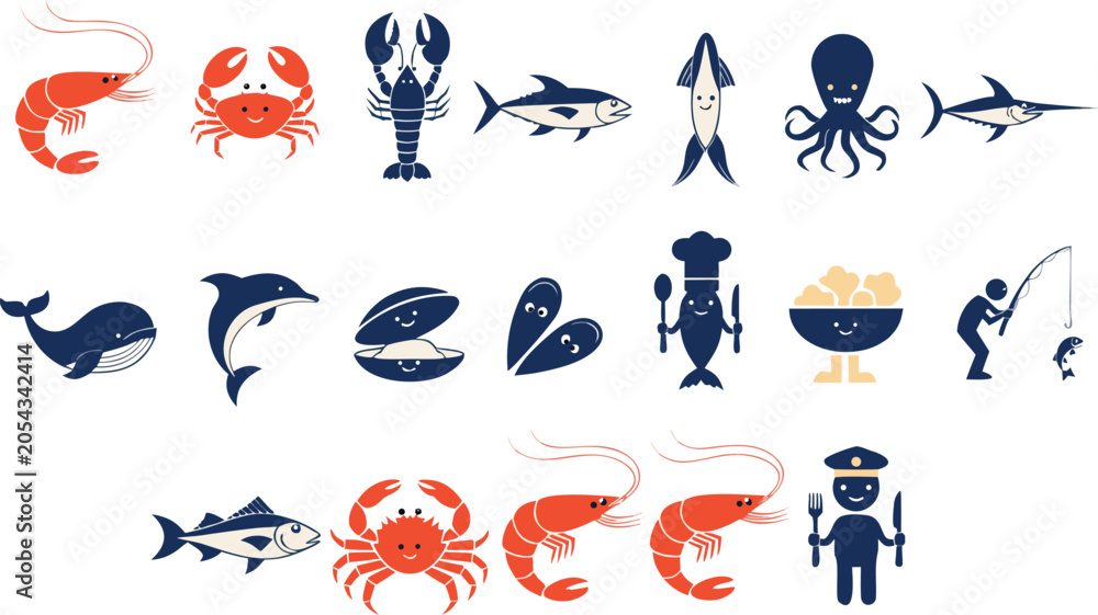 Fototapeta premium Set of sea food and marine animal icons isolated on transparent background, Vector